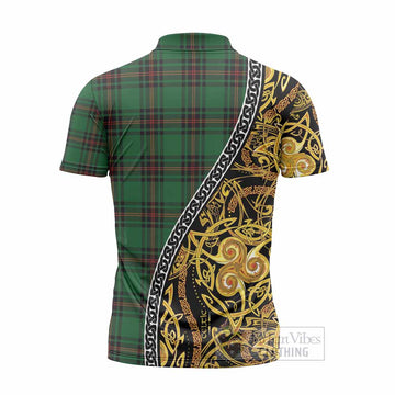 Primrose Tartan Crest Zipper Polo Shirt Celtic Knot and Triple Trickle Spiral Symbols