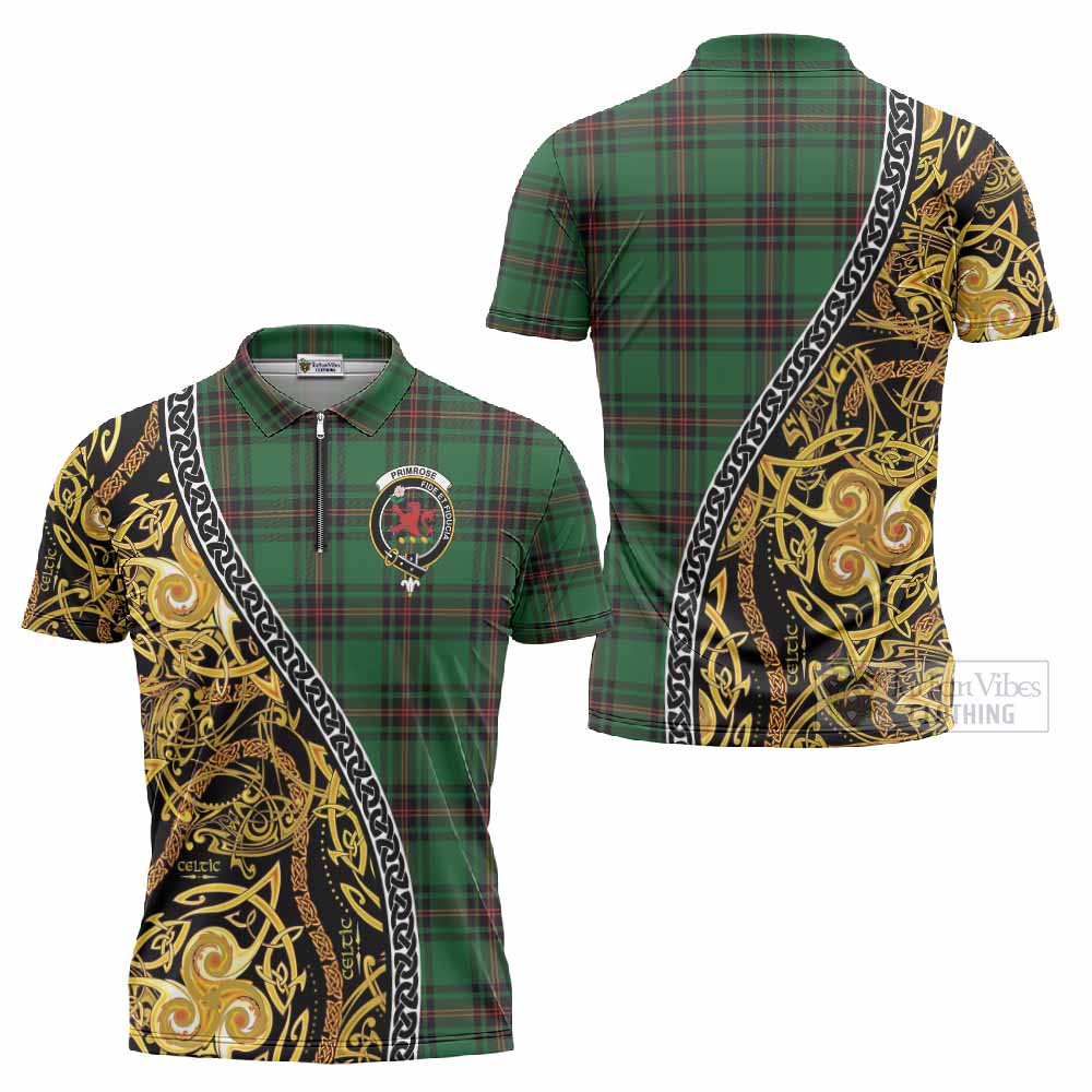 Primrose Tartan Crest Zipper Polo Shirt Celtic Knot and Triple Trickle Spiral Symbols