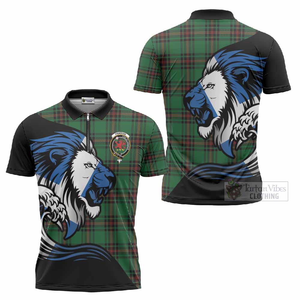 Primrose Tartan Crest Zipper Polo Shirt Scottish Golden Lions Wave Flow