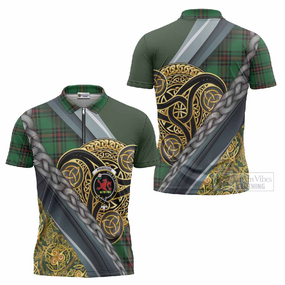 Primrose Tartan Crest Zipper Polo Shirt Scottish Triskele Celtic