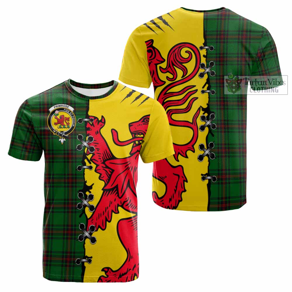 Primrose Tartan Family Crest Cotton T-shirt Lion Rampant Honor - Tartan Vibes Clothing