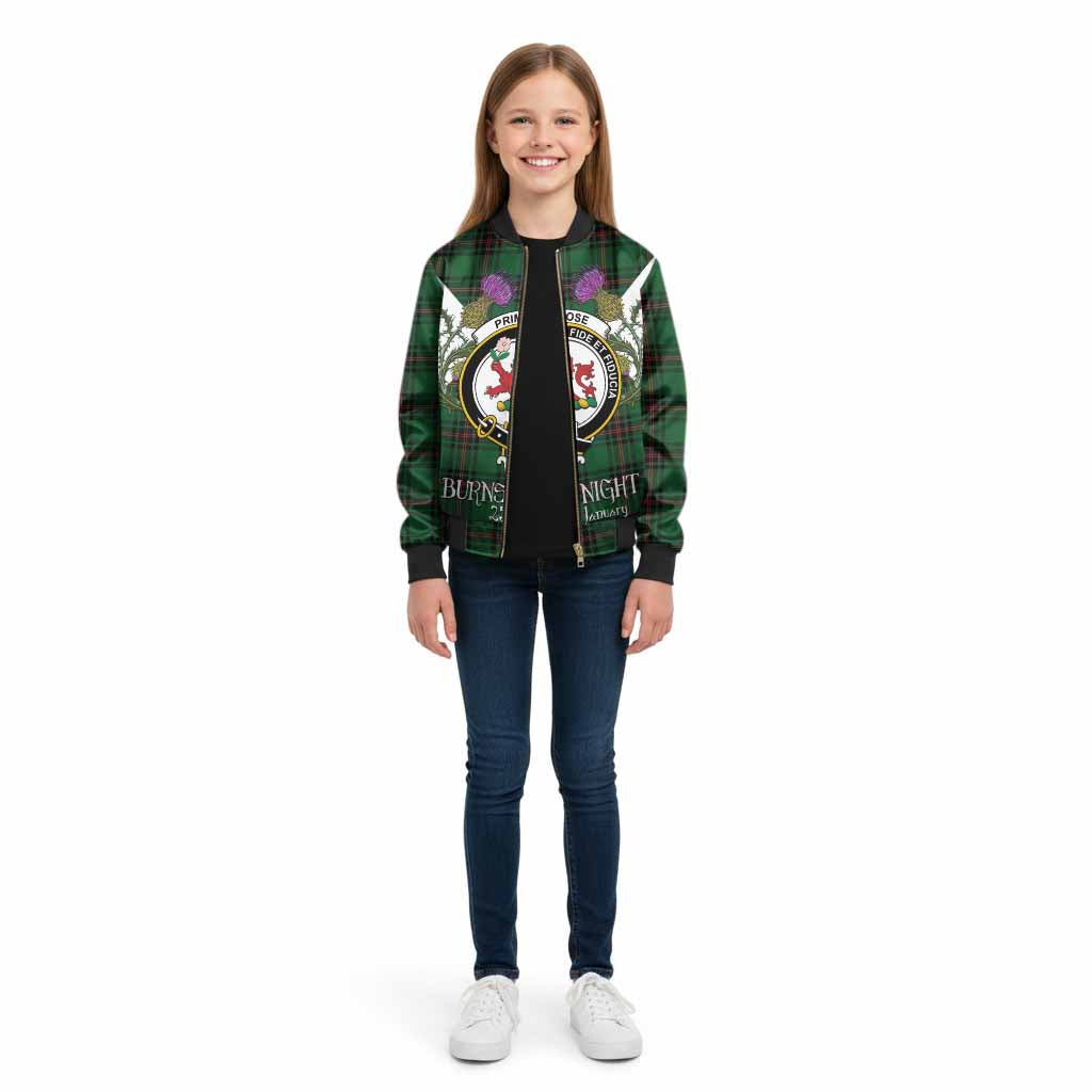 Primrose Tartan Family Crest Kid Bomber Jacket Scottish Burns Night Thistle Floral