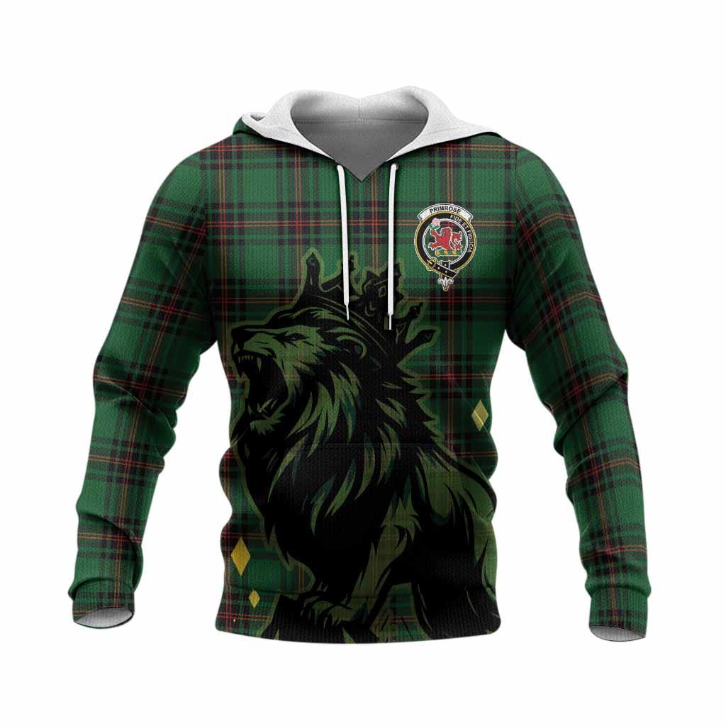 Primrose Tartan Family Crest Knitted Hoodie Crowned Lion Roaring