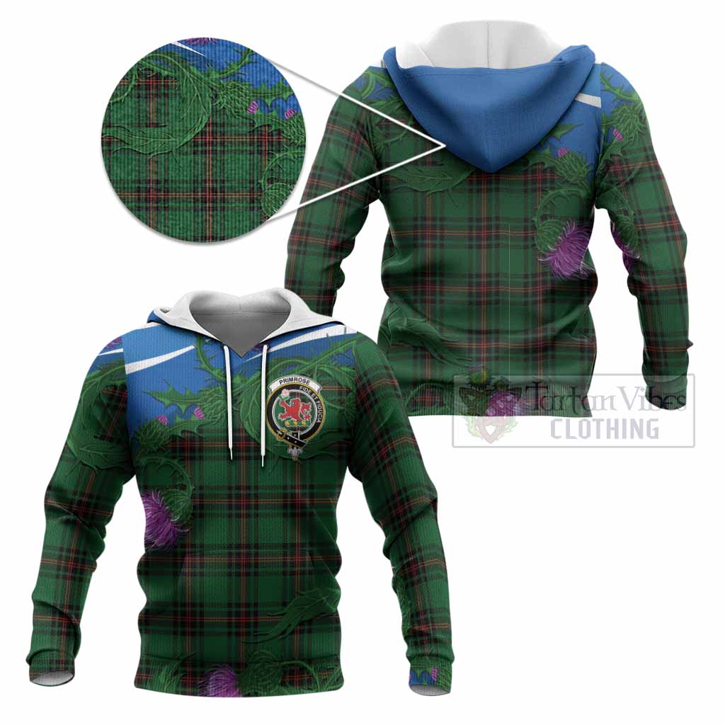 Primrose Tartan Family Crest Knitted Hoodie Thistle in Minimalism