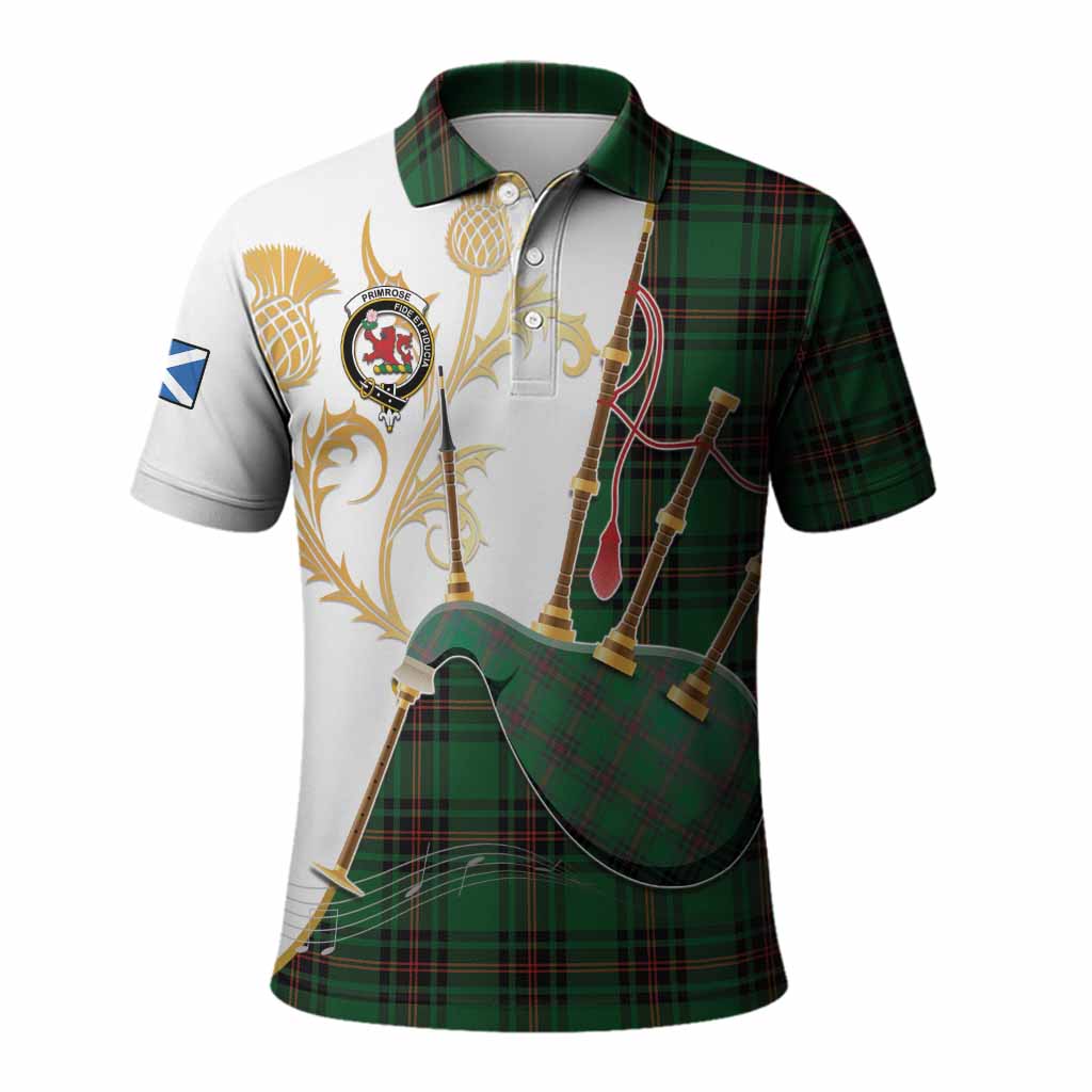 Primrose Tartan Family Crest Polo Shirt Bagpipes with Scottish Thistle