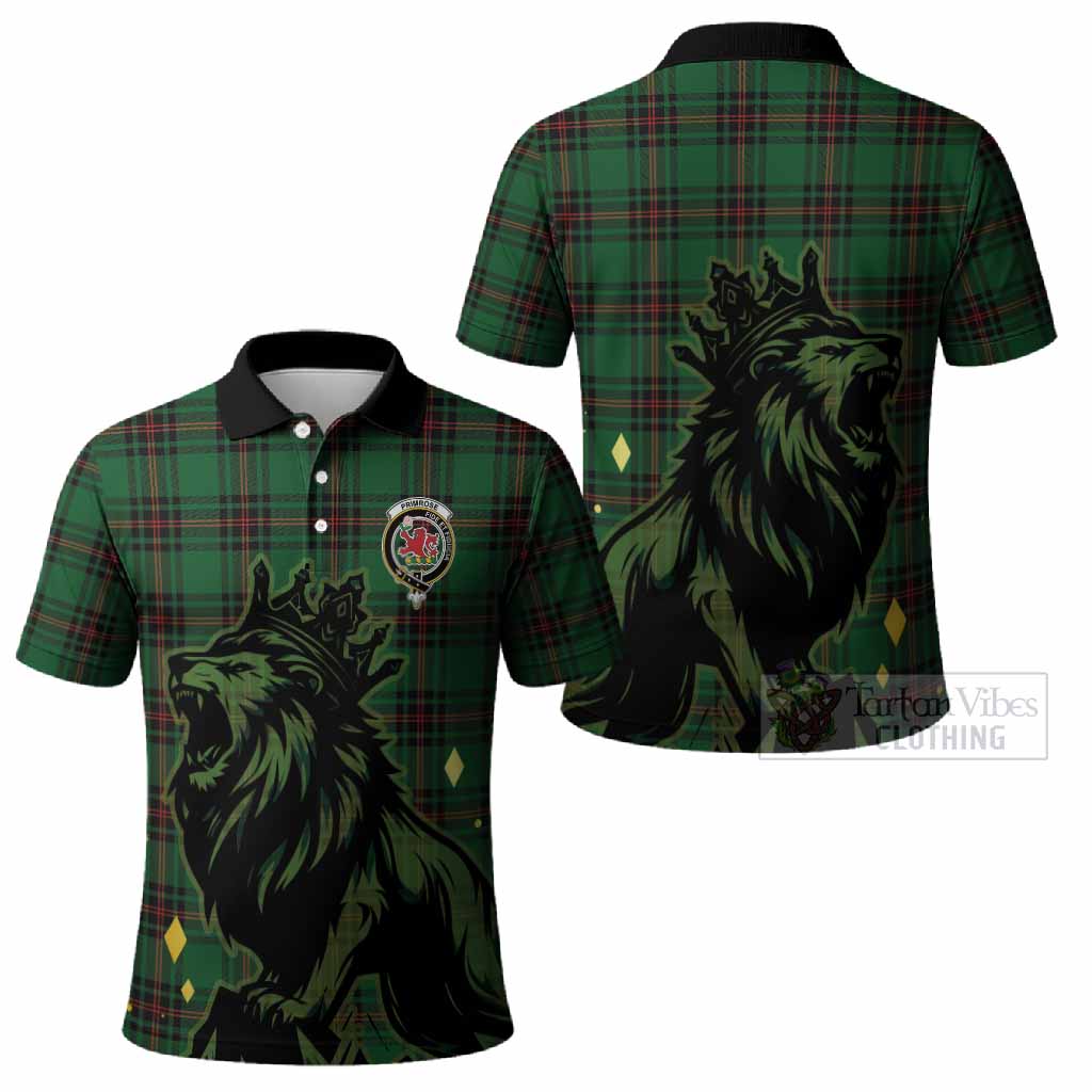 Primrose Tartan Family Crest Polo Shirt Crowned Lion Roaring