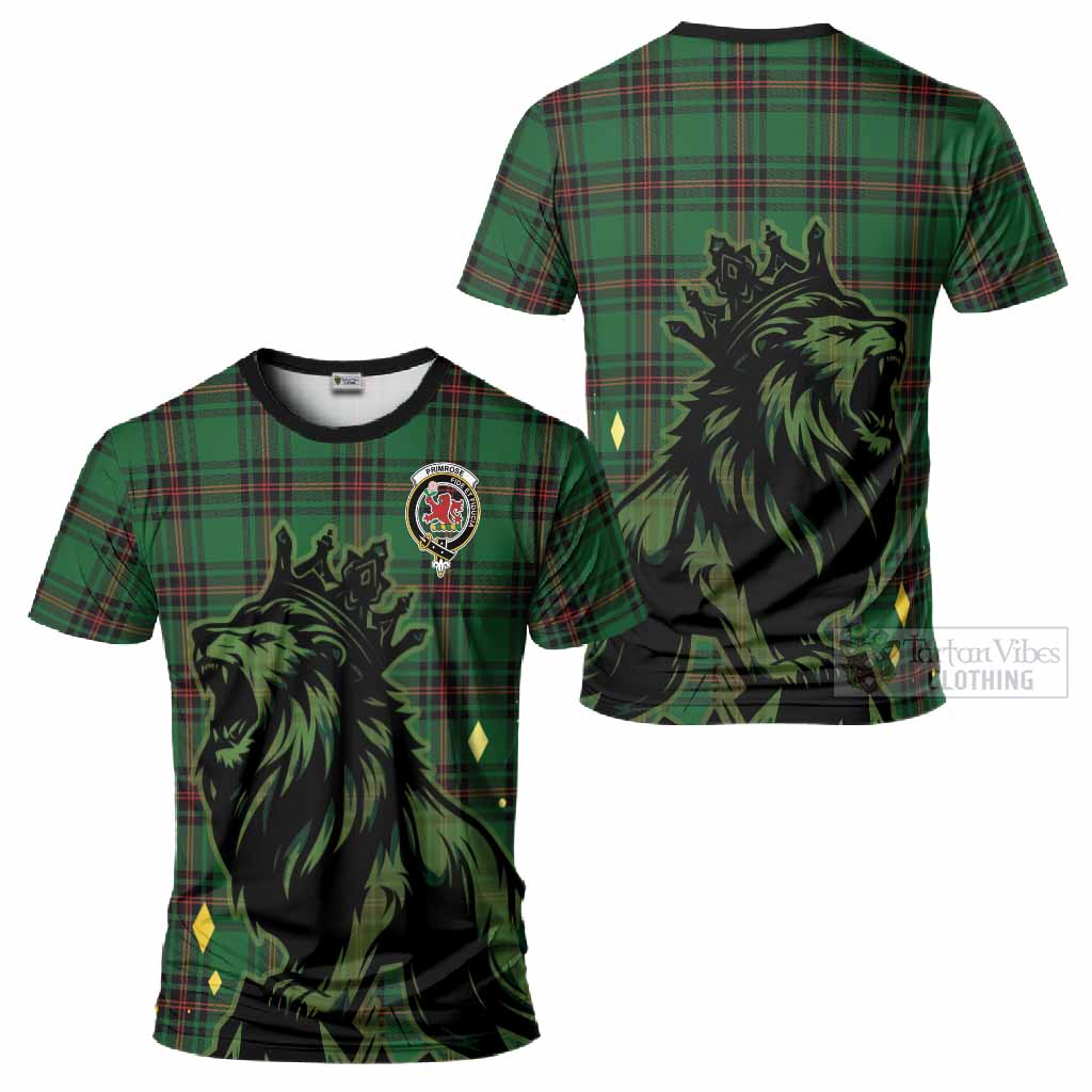 Primrose Tartan Family Crest T-Shirt Crowned Lion Roaring