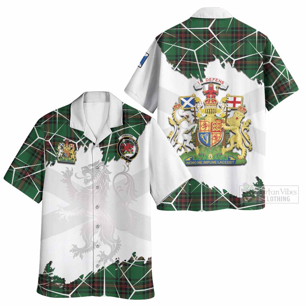 Primrose Tartan Hawaiian Shirt with Family Crest and Lion Rampant Grunge Style