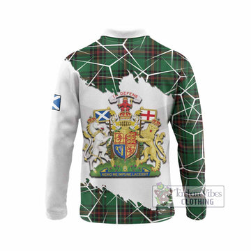 Primrose Tartan Long Sleeve Polo Shirt with Family Crest and Lion Rampant Grunge Style