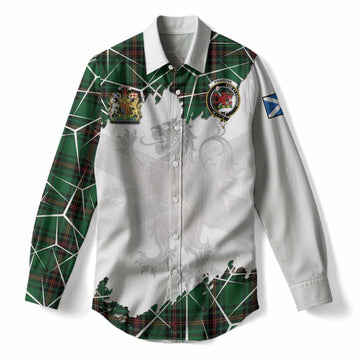 Primrose Tartan Women Casual Shirt with Family Crest and Lion Rampant Grunge Style