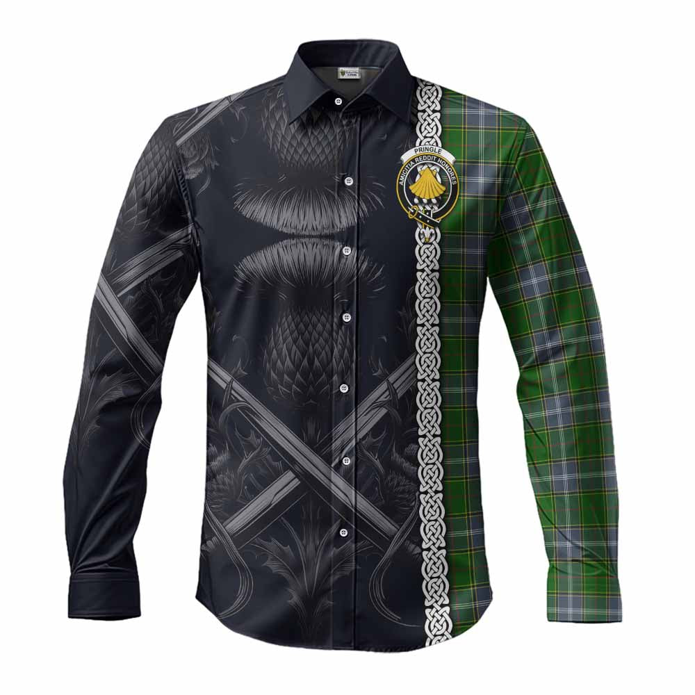 Tartan Vibes Clothing Pringle Tartan Long Sleeve Button Shirt with Family Crest Cross Sword Thistle Celtic Vibes