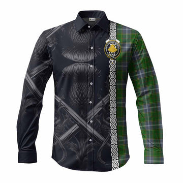 Tartan Vibes Clothing Pringle Tartan Long Sleeve Button Shirt with Family Crest Cross Sword Thistle Celtic Vibes