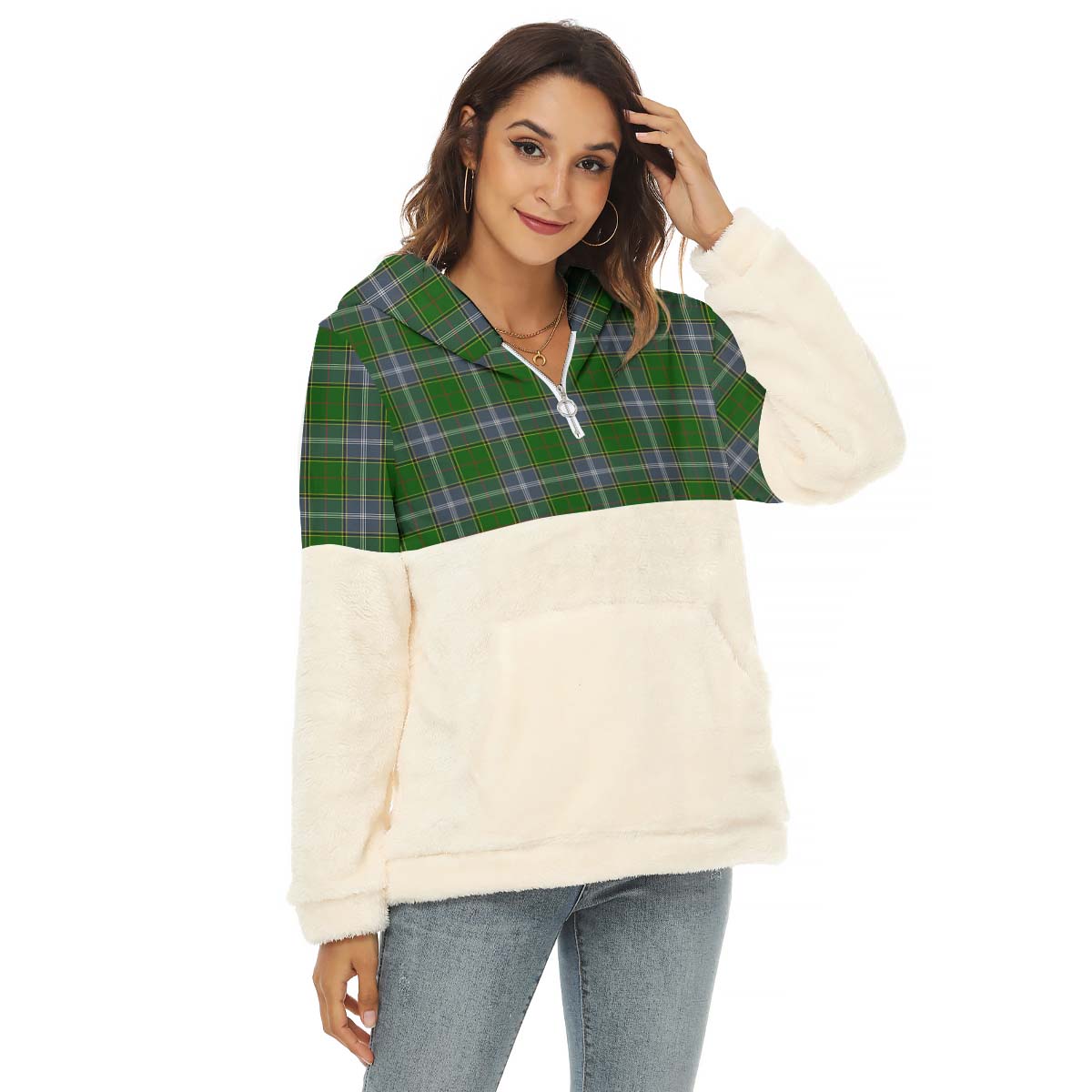 Pringle Tartan Women's Borg Fleece Hoodie With Half Zip Female - Tartan Vibes Clothing