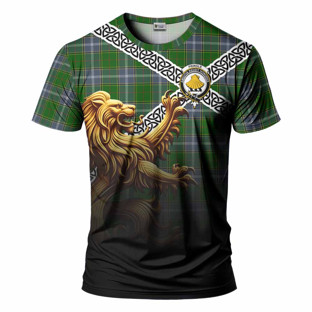 Tartan Vibes Clothing Pringle Crest Tartan T-Shirt with Golden Lion Emblem Celtic Style