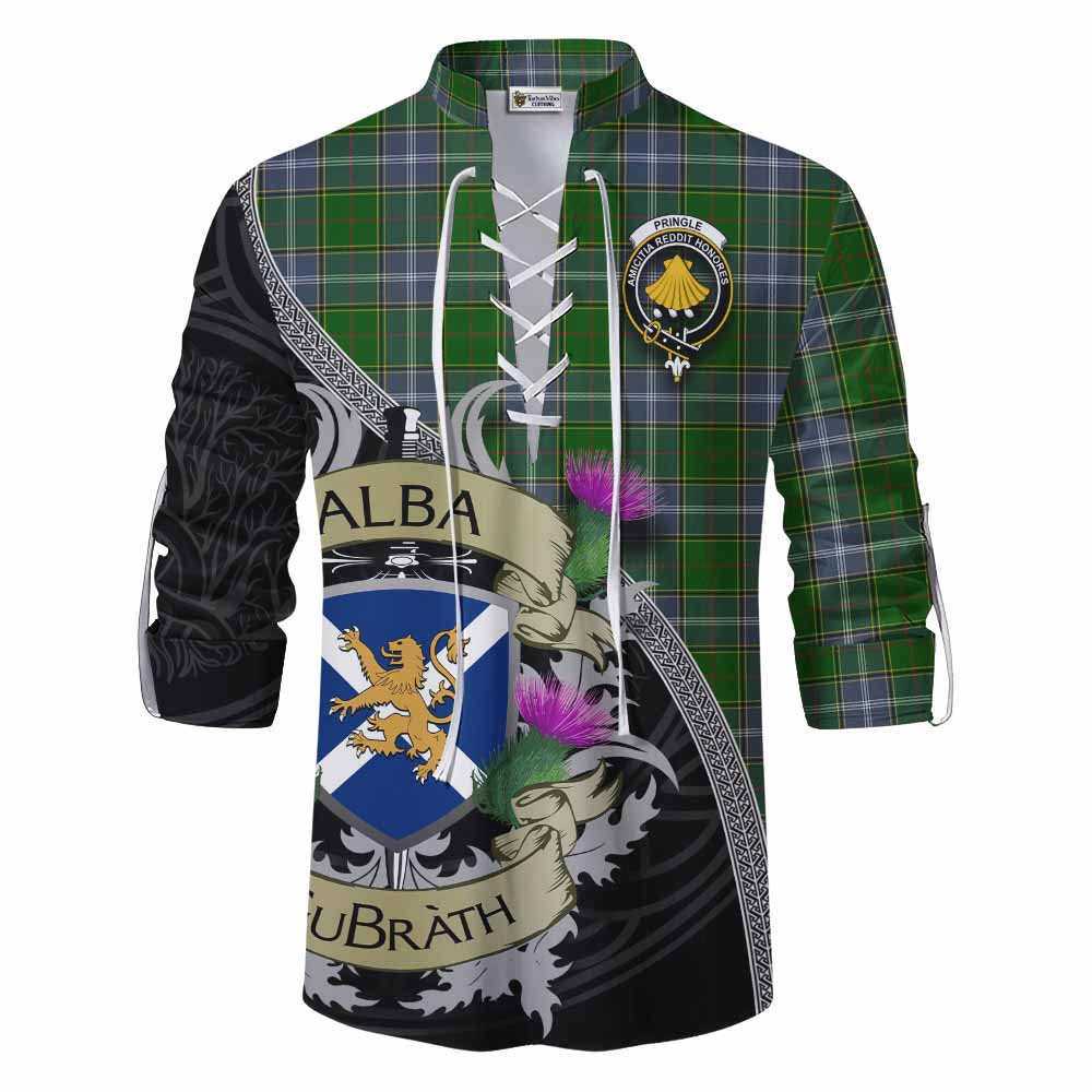 Tartan Vibes Clothing Pringle Tartan Family Crest Ghillie Kilt Shirt Lion Rampant Royal Thistle Shield Celtic Inspired