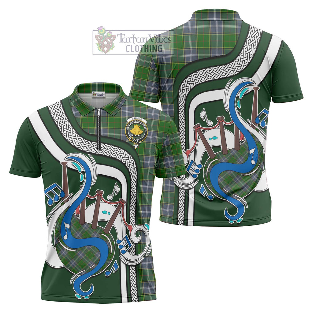Pringle Tartan Zipper Polo Shirt with Epic Bagpipe Style Unisex - Tartanvibesclothing Shop