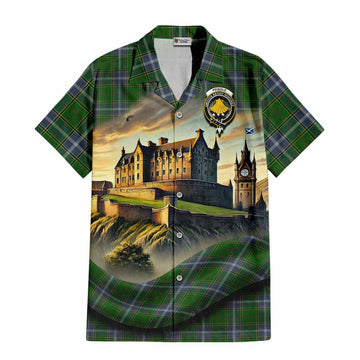 Tartan Vibes Clothing Pringle Tartan Family Crest Short Sleeve Button Shirt with Scottish Ancient Castle Style