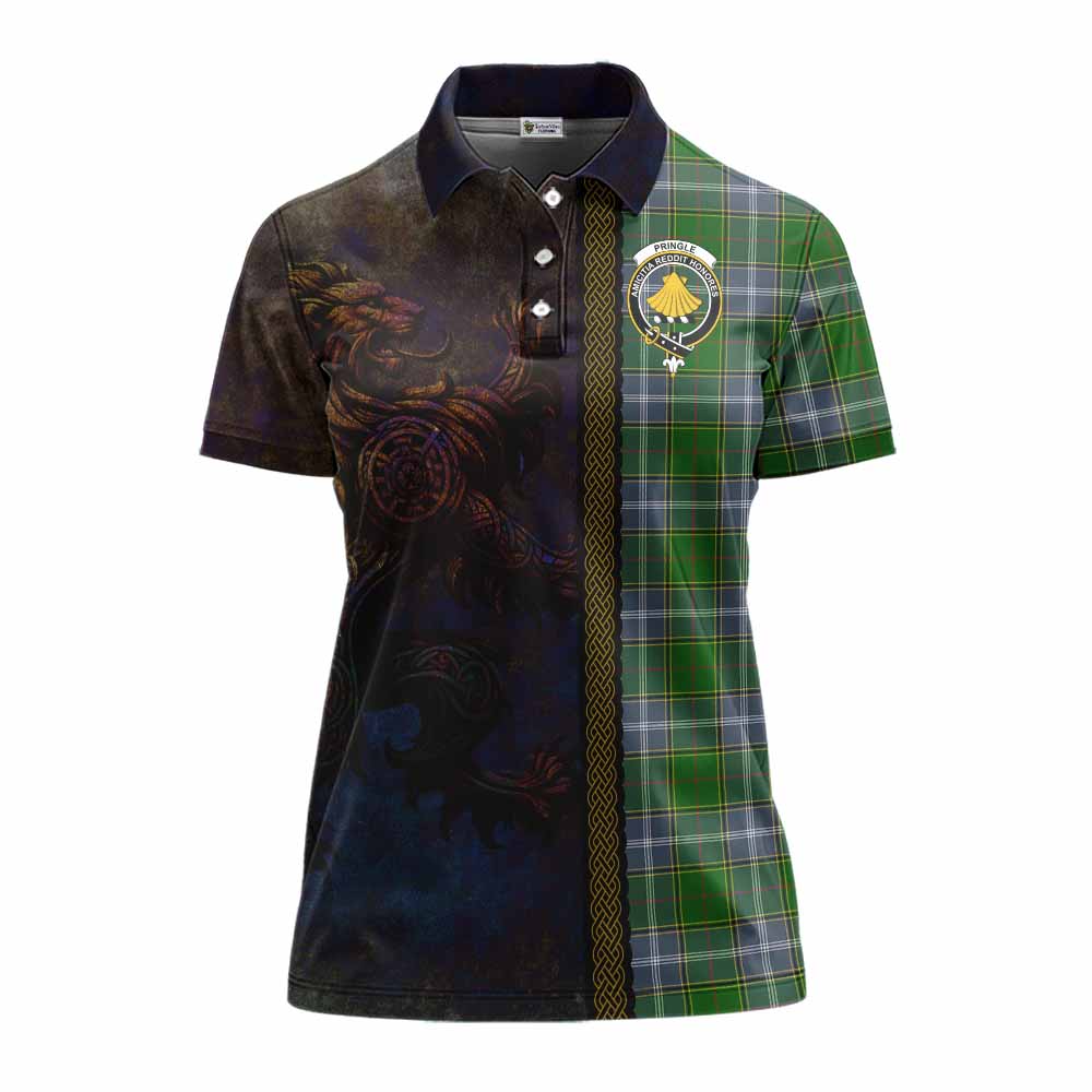 Tartan Vibes Clothing Pringle Tartan Family Crest Women's Polo Shirt Alba Gu Brath Be Brave Lion Ancient Style