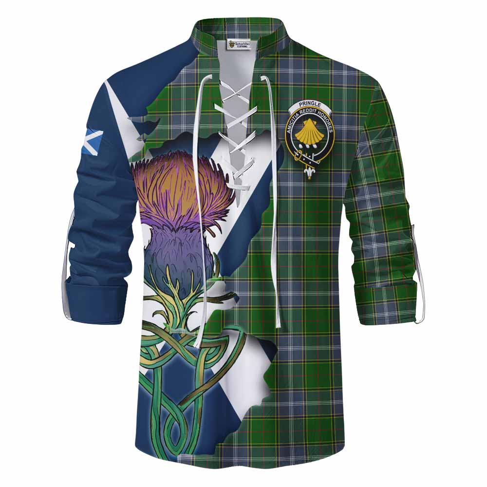Tartan Vibes Clothing Pringle Tartan Family Crest Ghillie Kilt Shirt Scottish Thistle Celtic Inspired
