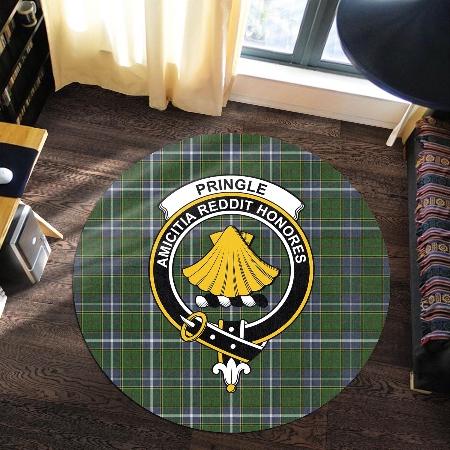 pringle-tartan-round-rug-with-family-crest