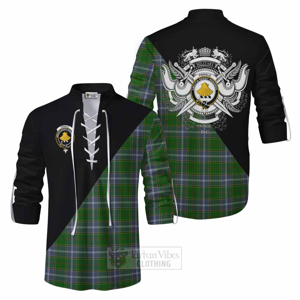 Tartan Vibes Clothing Pringle Tartan Ghillie Kilt Shirt with Family Crest and Military Logo Style