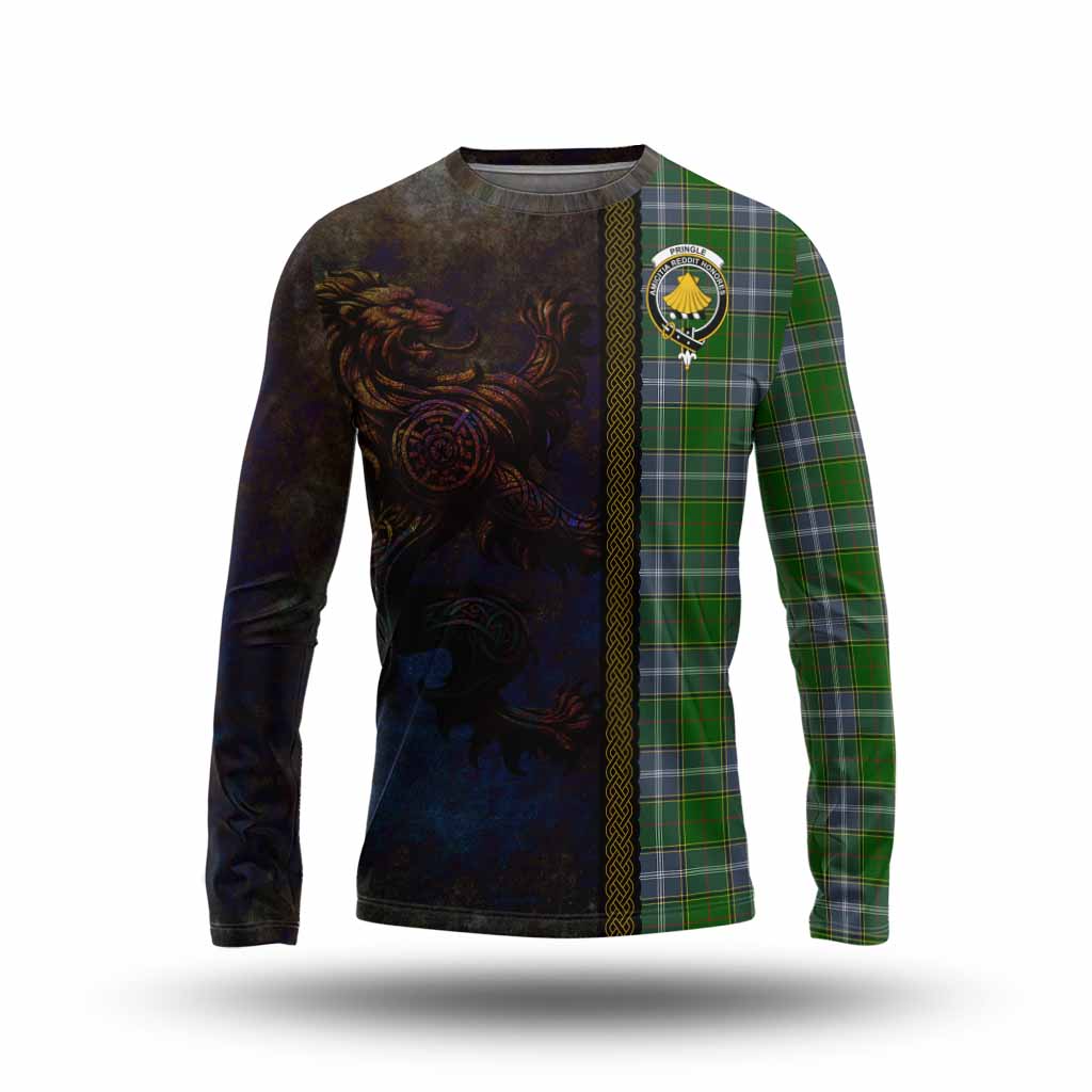 Tartan Vibes Clothing Pringle Tartan Family Crest Long Sleeve T-Shirt Alba Gu Brath Be Brave Lion Ancient Style