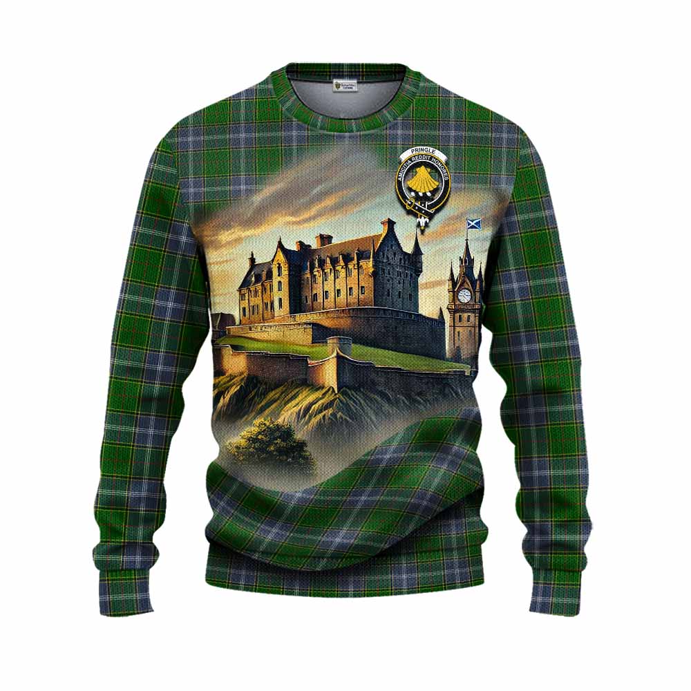 Tartan Vibes Clothing Pringle Tartan Family Crest Knitted Sweater with Scottish Ancient Castle Style