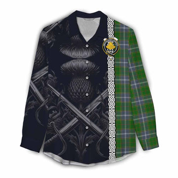 Tartan Vibes Clothing Pringle Tartan Women's Casual Shirt with Family Crest Cross Sword Thistle Celtic Vibes