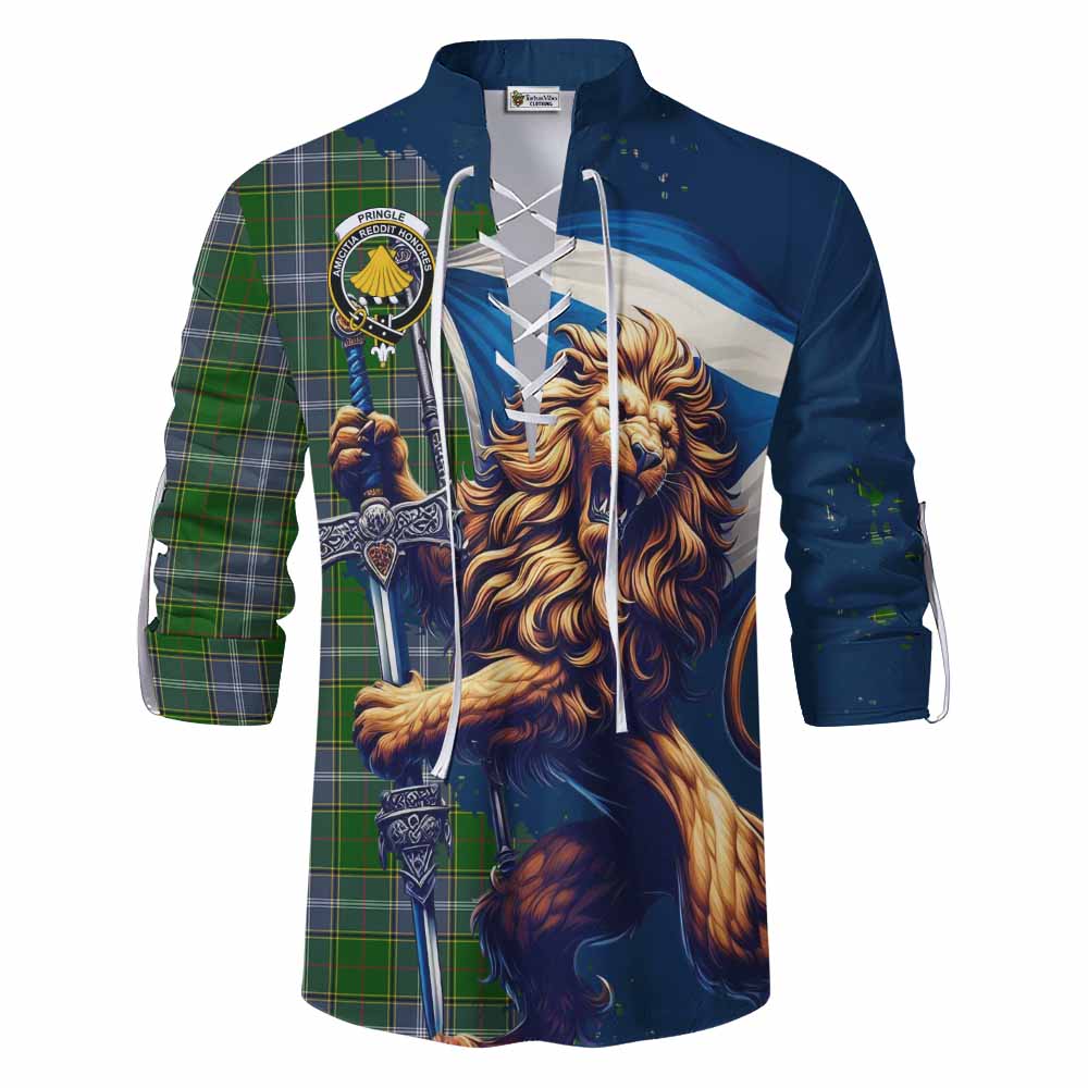 Tartan Vibes Clothing Pringle Tartan Family Crest Ghillie Kilt Shirt with Scottish Majestic Lion