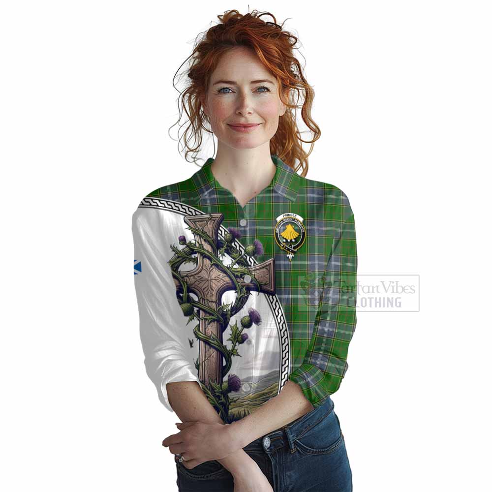 Tartan Vibes Clothing Pringle Tartan Women's Casual Shirt with Family Crest and St. Andrew's Cross Accented by Thistle Vines