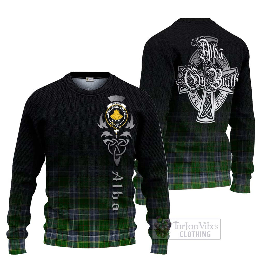 Tartan Vibes Clothing Pringle Tartan Knitted Sweater Featuring Alba Gu Brath Family Crest Celtic Inspired