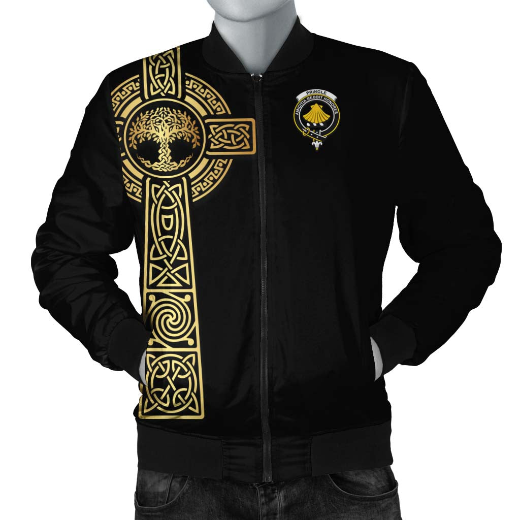 Pringle Clan Bomber Jacket with Golden Celtic Tree Of Life Unisex Black - Tartanvibesclothing