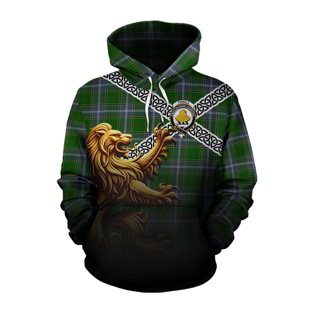 Tartan Vibes Clothing Pringle Crest Tartan Cotton Hoodie with Golden Lion Emblem Celtic Style