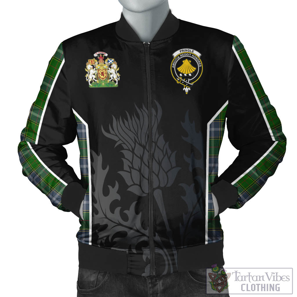 Tartan Vibes Clothing Pringle Tartan Bomber Jacket with Family Crest and Scottish Thistle Vibes Sport Style