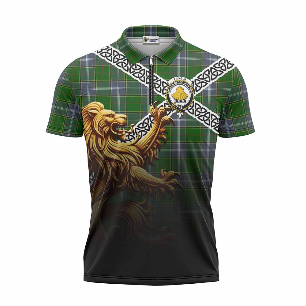 Tartan Vibes Clothing Pringle Crest Tartan Zipper Polo Shirt with Golden Lion Emblem Celtic Style