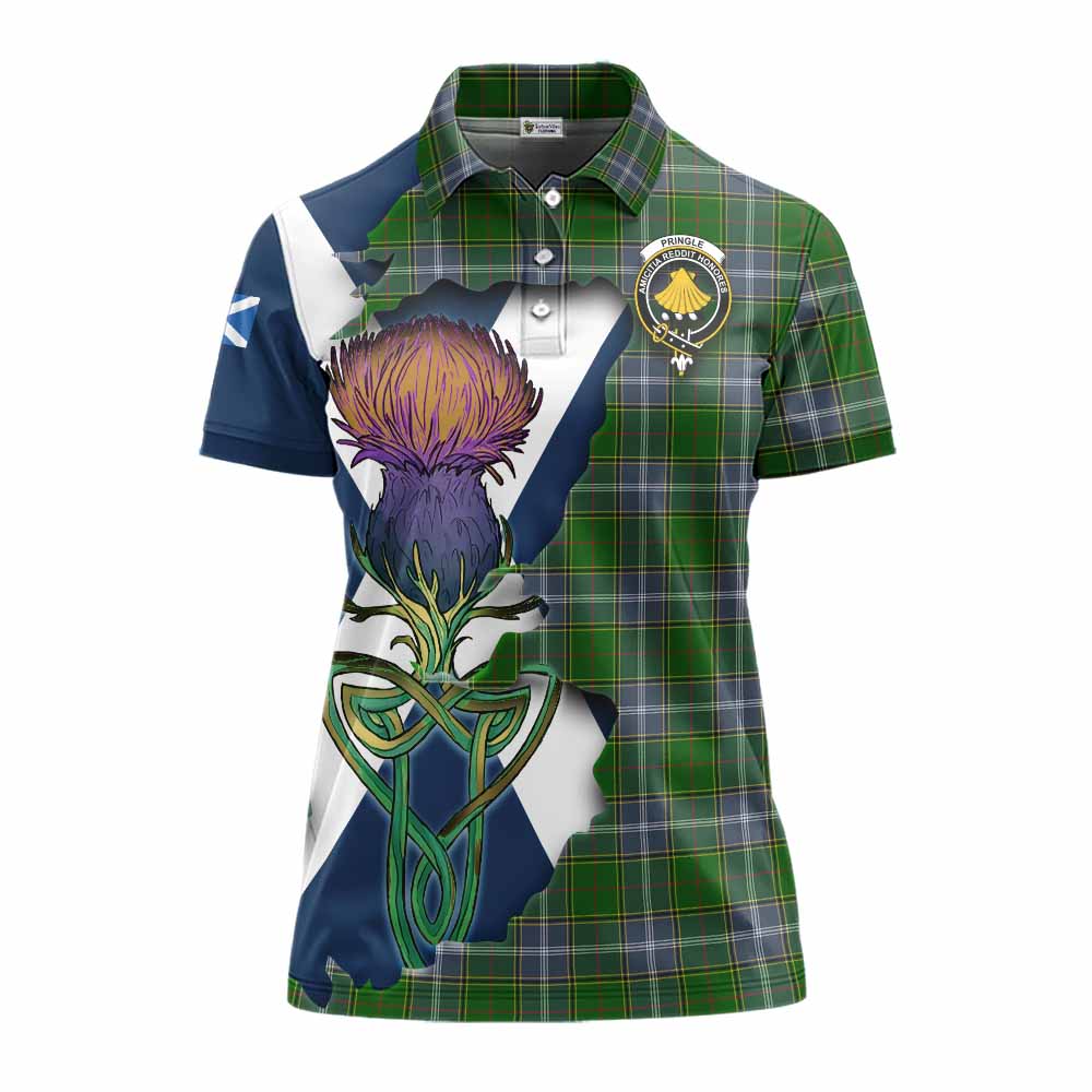Tartan Vibes Clothing Pringle Tartan Family Crest Women's Polo Shirt Scottish Thistle Celtic Inspired