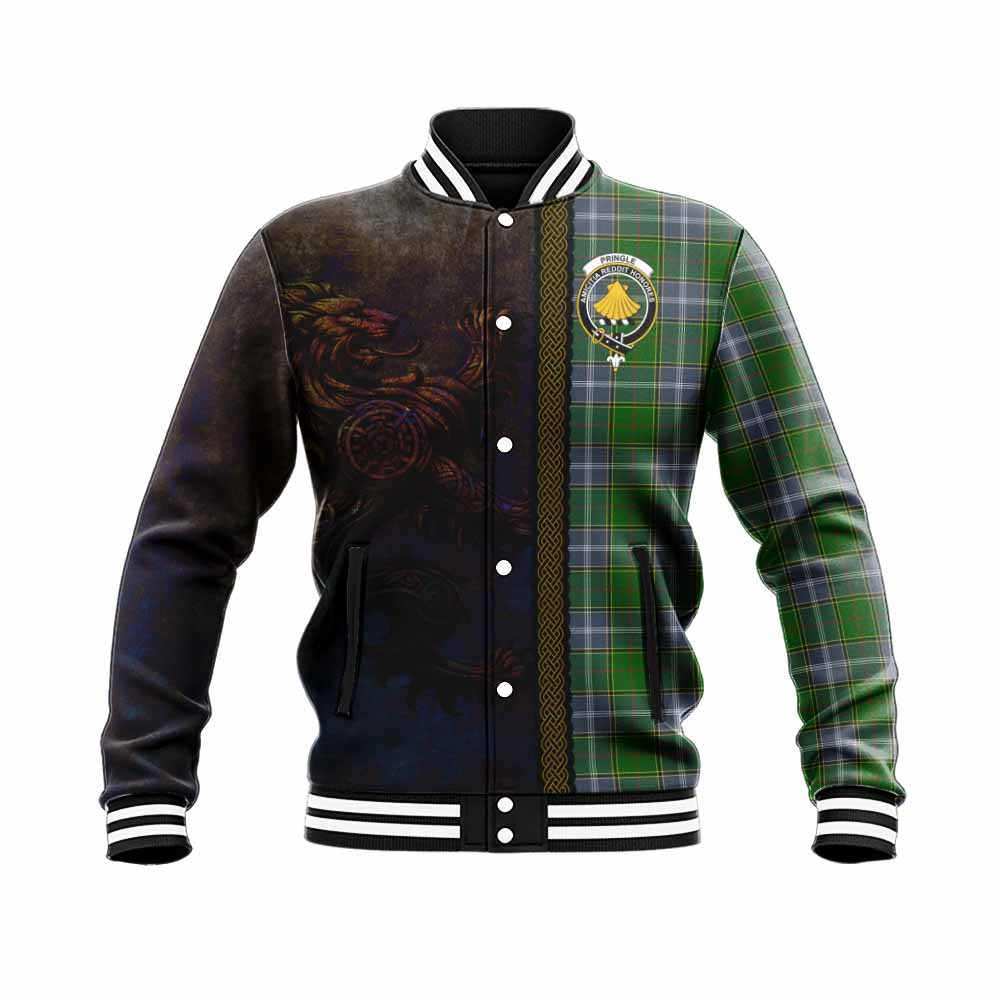 Tartan Vibes Clothing Pringle Tartan Family Crest Baseball Jacket Alba Gu Brath Be Brave Lion Ancient Style