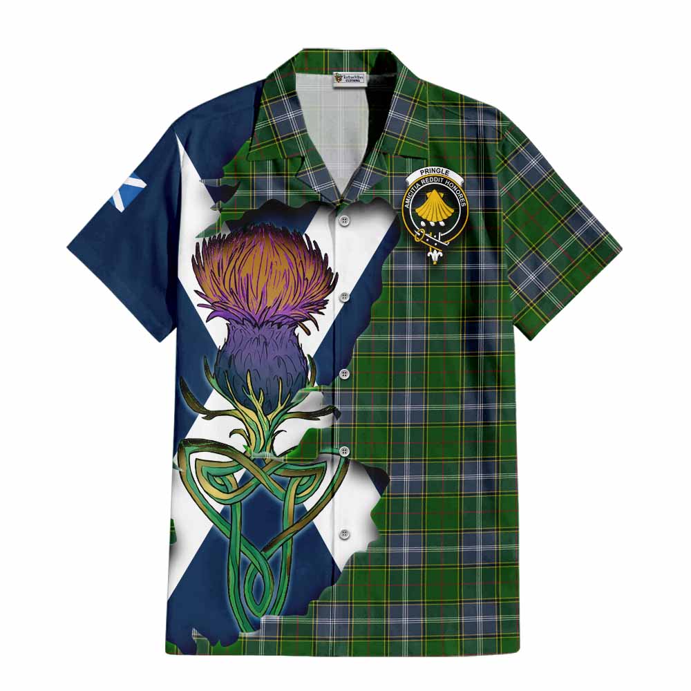 Tartan Vibes Clothing Pringle Tartan Family Crest Short Sleeve Button Shirt Scottish Thistle Celtic Inspired