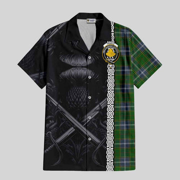 Tartan Vibes Clothing Pringle Tartan Short Sleeve Button Shirt with Family Crest Cross Sword Thistle Celtic Vibes