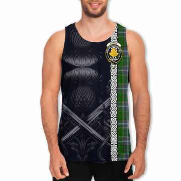 Tartan Vibes Clothing Pringle Tartan Men's Tank Top with Family Crest Cross Sword Thistle Celtic Vibes