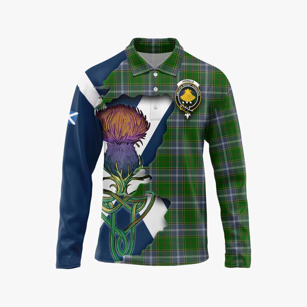 Tartan Vibes Clothing Pringle Tartan Family Crest Long Sleeve Polo Shirt Scottish Thistle Celtic Inspired