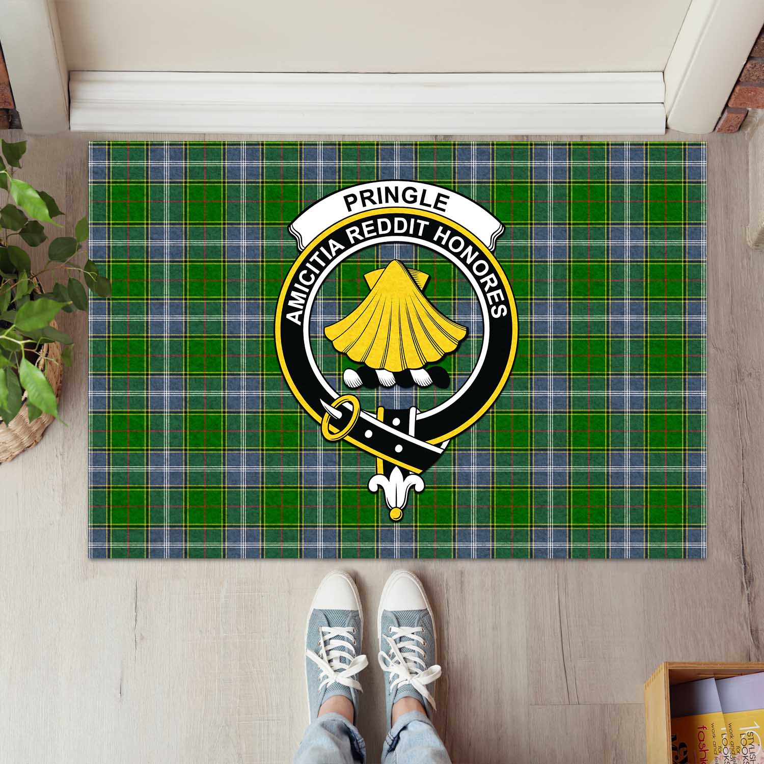 Pringle Tartan Door Mat with Family Crest - Tartanvibesclothing