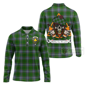 Tartan Vibes Clothing Pringle Tartan Long Sleeve Polo Shirt with Family Crest and Bearded Skull Holding Bottles of Whiskey