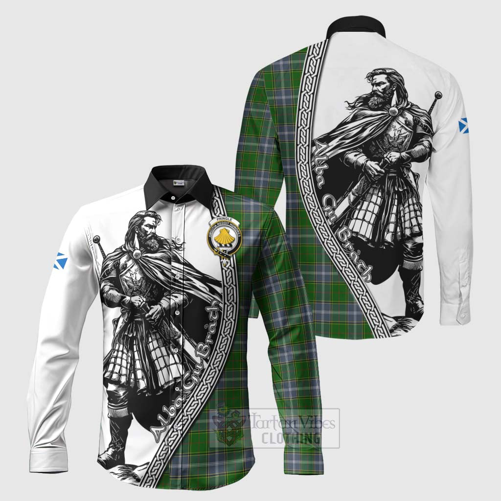 Tartan Vibes Clothing Pringle Tartan Clan Crest Long Sleeve Button Shirt with Highlander Warrior Celtic Style
