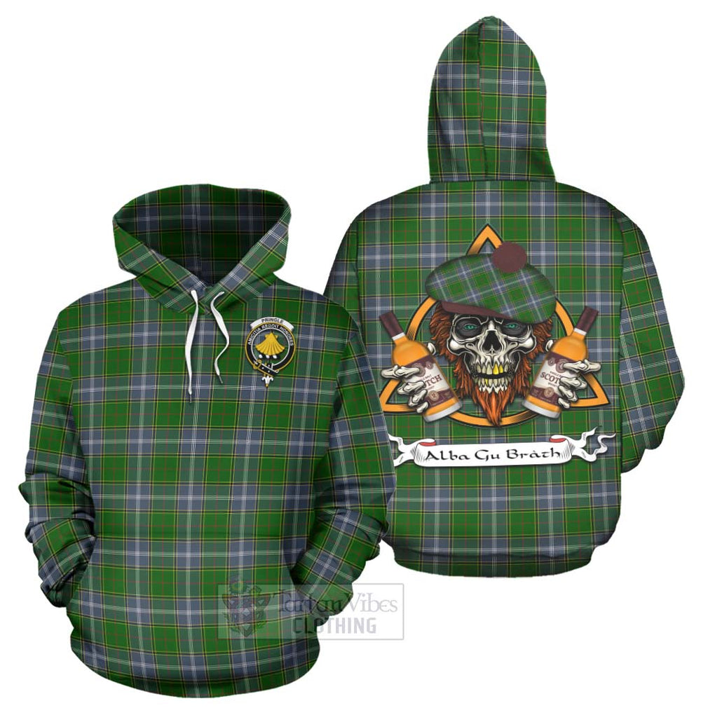 Tartan Vibes Clothing Pringle Tartan Hoodie with Family Crest and Bearded Skull Holding Bottles of Whiskey