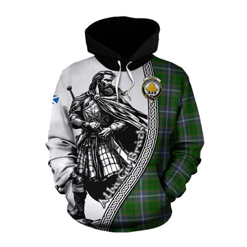 Tartan Vibes Clothing Pringle Tartan Clan Crest Cotton Hoodie with Highlander Warrior Celtic Style