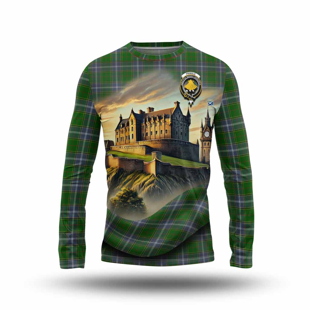 Tartan Vibes Clothing Pringle Tartan Family Crest Long Sleeve T-Shirt with Scottish Ancient Castle Style