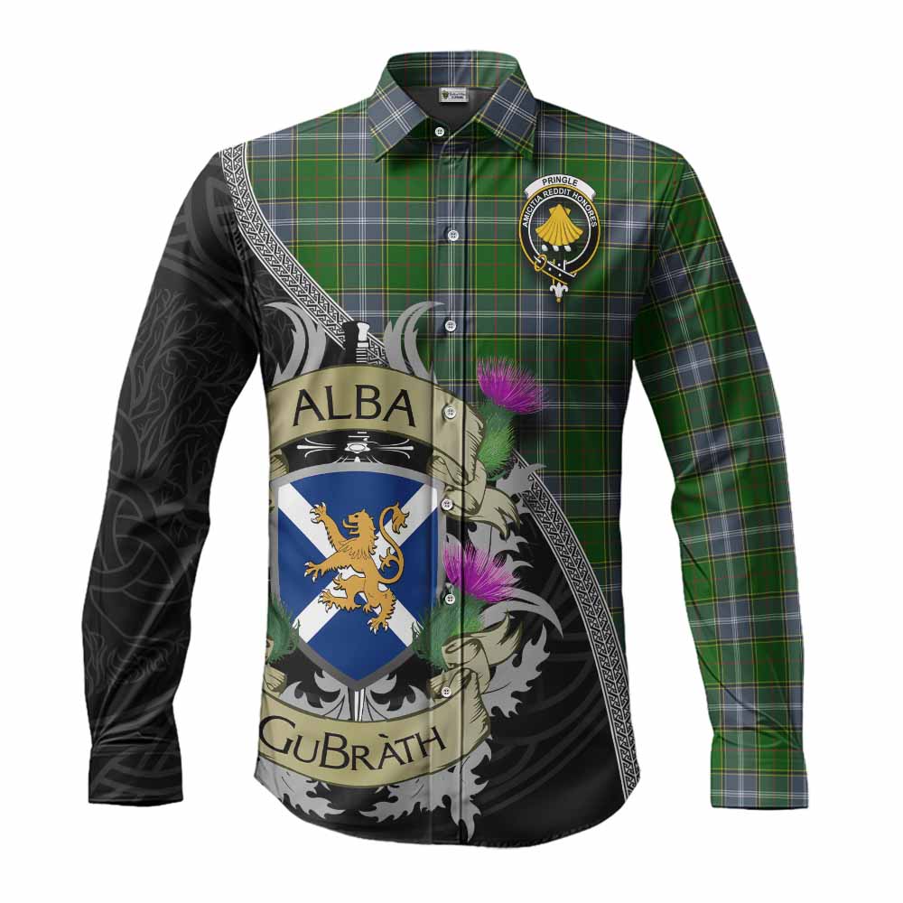 Tartan Vibes Clothing Pringle Tartan Family Crest Long Sleeve Button Shirt Lion Rampant Royal Thistle Shield Celtic Inspired