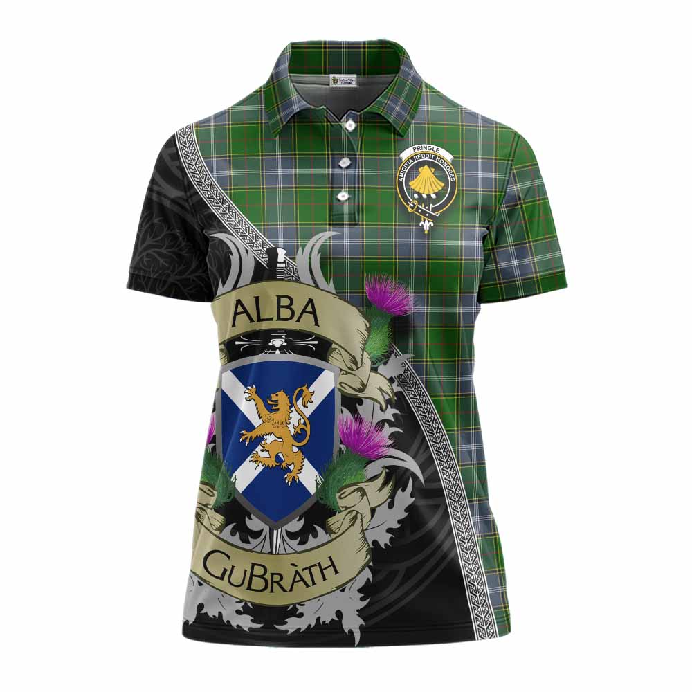 Tartan Vibes Clothing Pringle Tartan Family Crest Women's Polo Shirt Lion Rampant Royal Thistle Shield Celtic Inspired