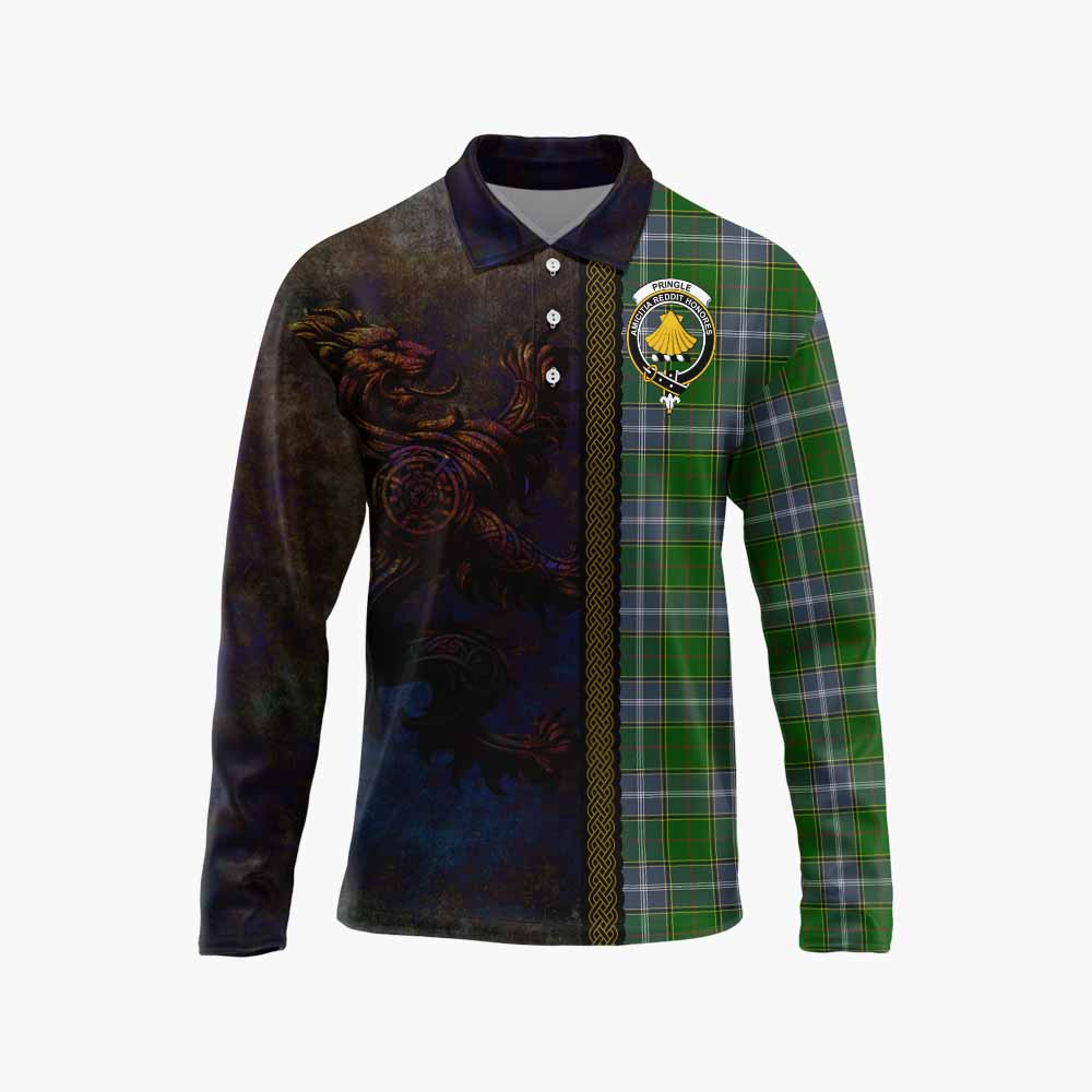 Tartan Vibes Clothing Pringle Tartan Family Crest Long Sleeve Polo Shirt Alba Gu Brath Be Brave Lion Ancient Style